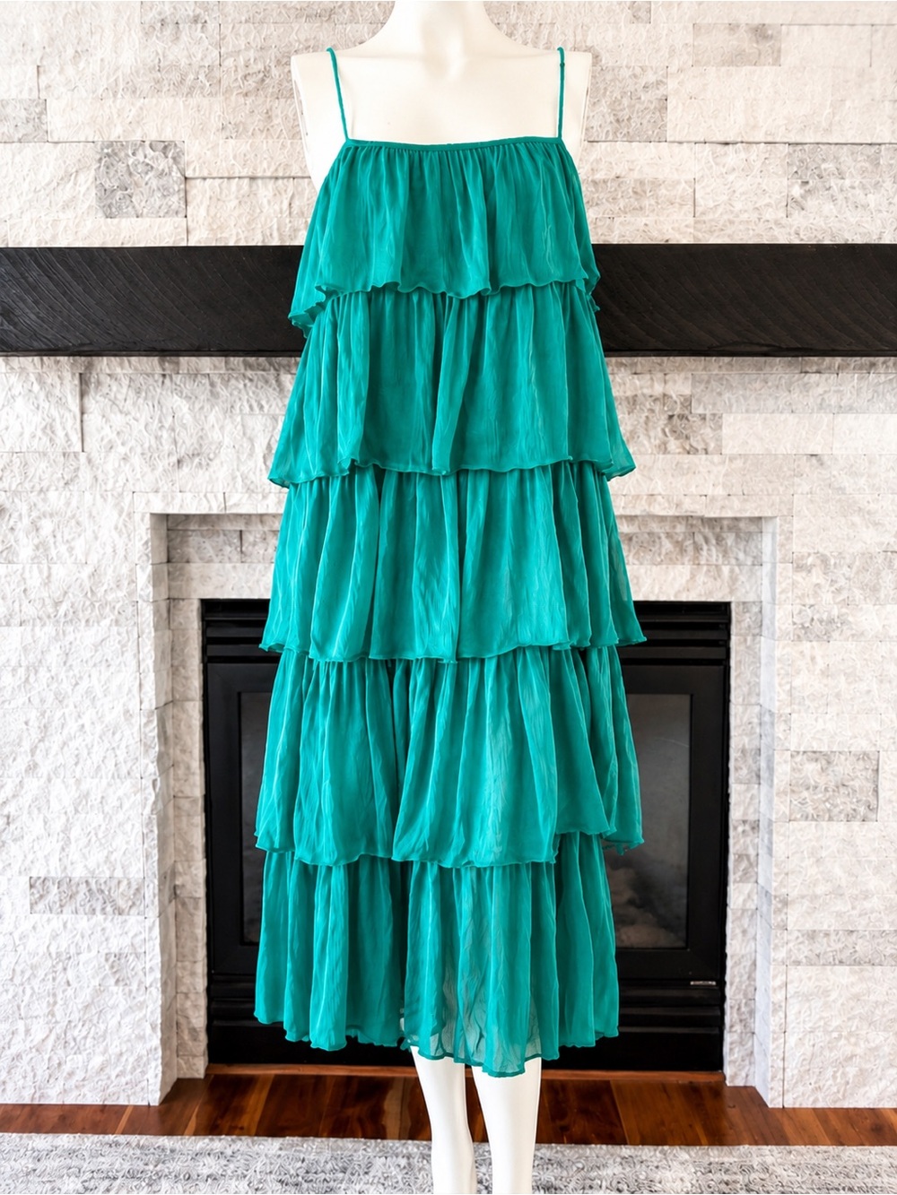 Anthropologie Teal Tiered Ruffle Chiffon Dress Small Wedding Guest Resort S